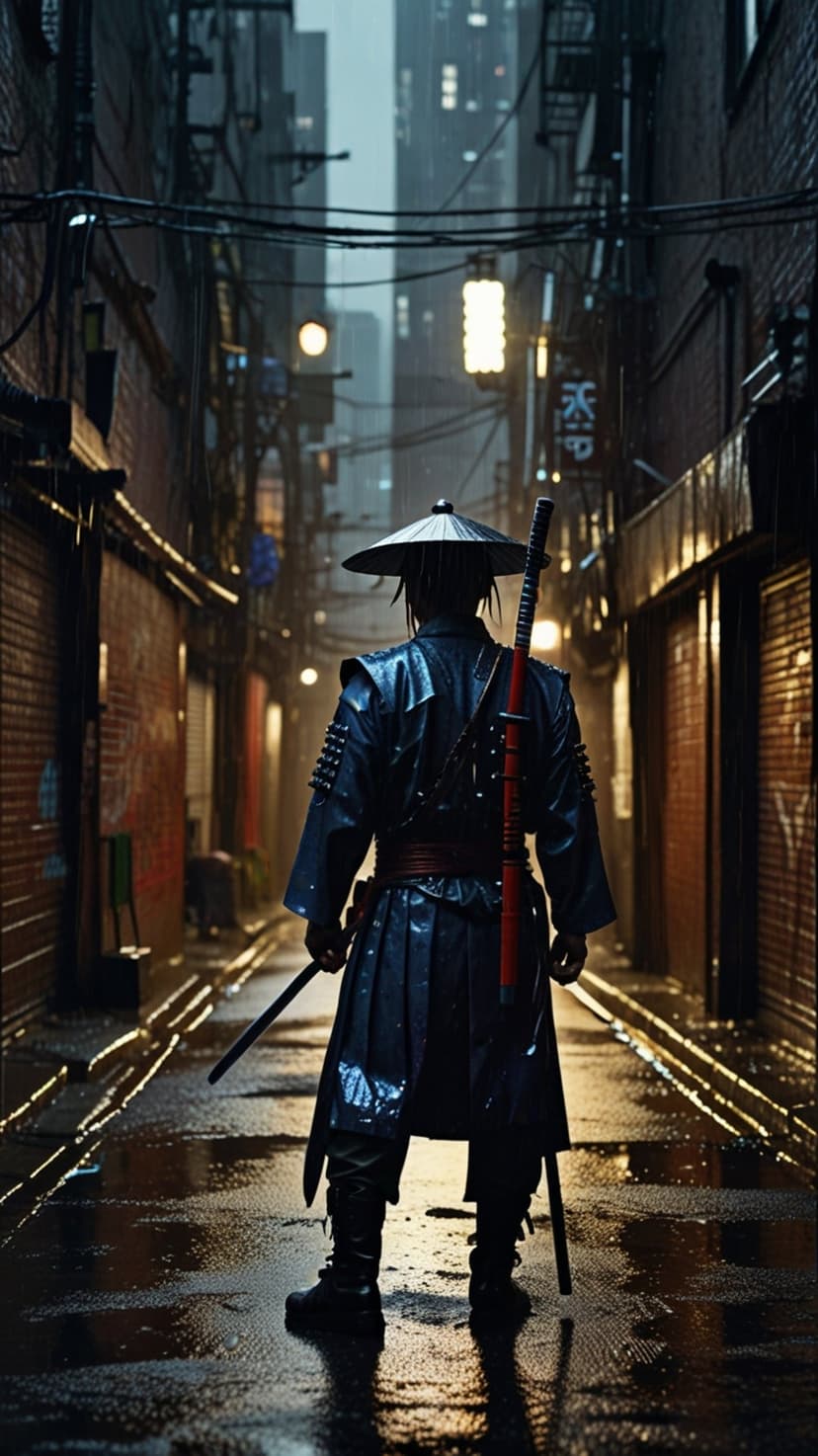 Samurai in dark armor and a conical hat stands in a rain-slicked alleyway lit by glowing neon city signs.