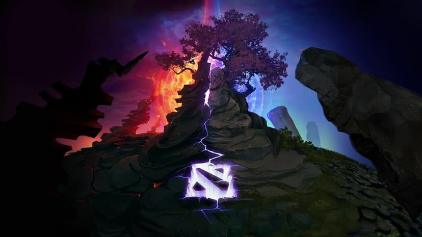 Glowing Dota 2 logo between fiery red volcanic rocks and a calm blue forest landscape with a split central tree.