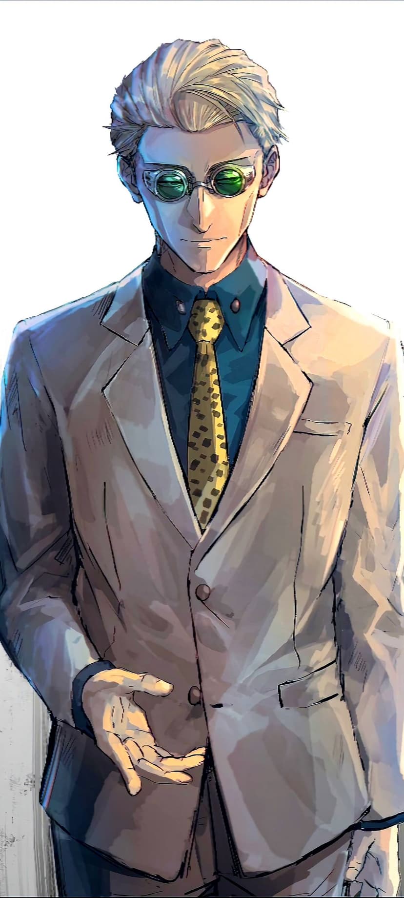 Blond man wearing round green glasses, a yellow patterned tie, and a light suit jacket with his hand extended.