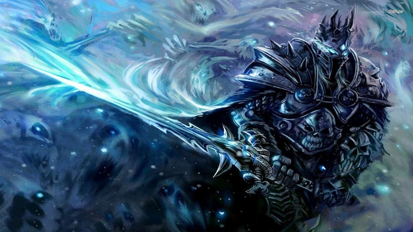 Dark knight in spiked armor holding a glowing blue sword surrounded by swirling ethereal spirits and skulls.