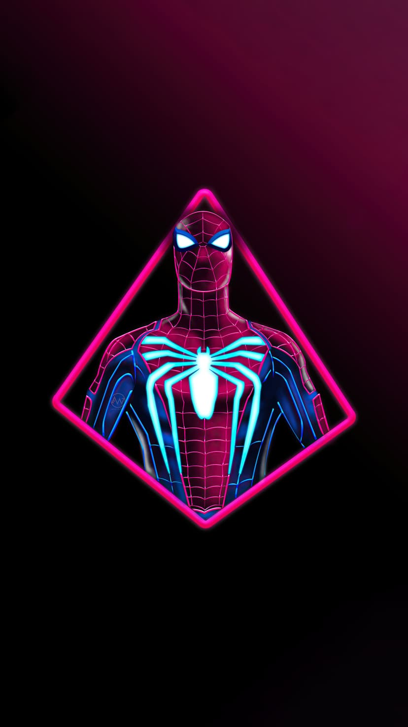 Spider-Man in a neon suit with a white spider emblem stands inside a glowing pink diamond on a black background.