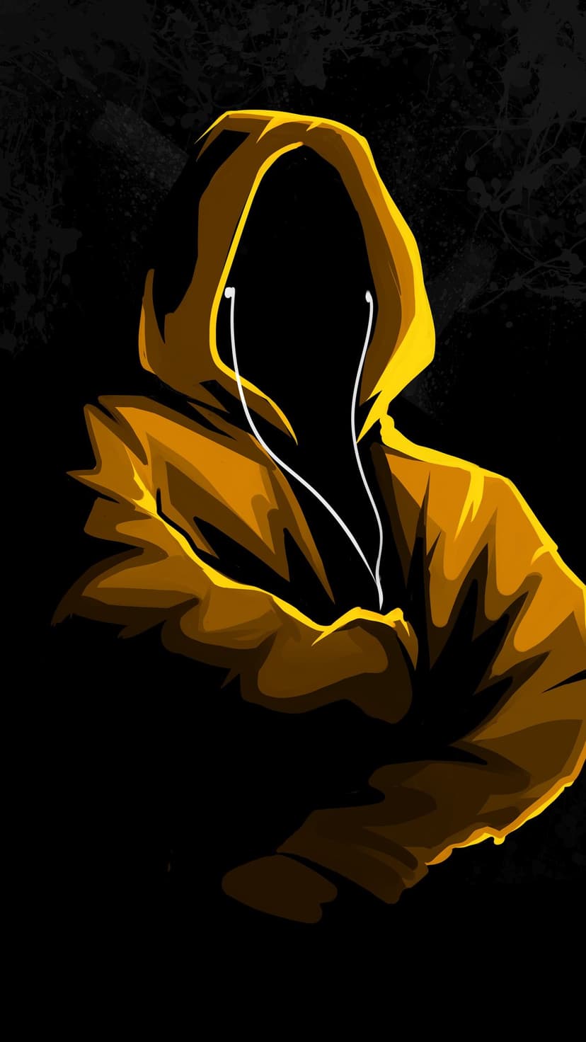 Person in a bright yellow hoodie with white earbuds against a dark textured background with their face obscured.