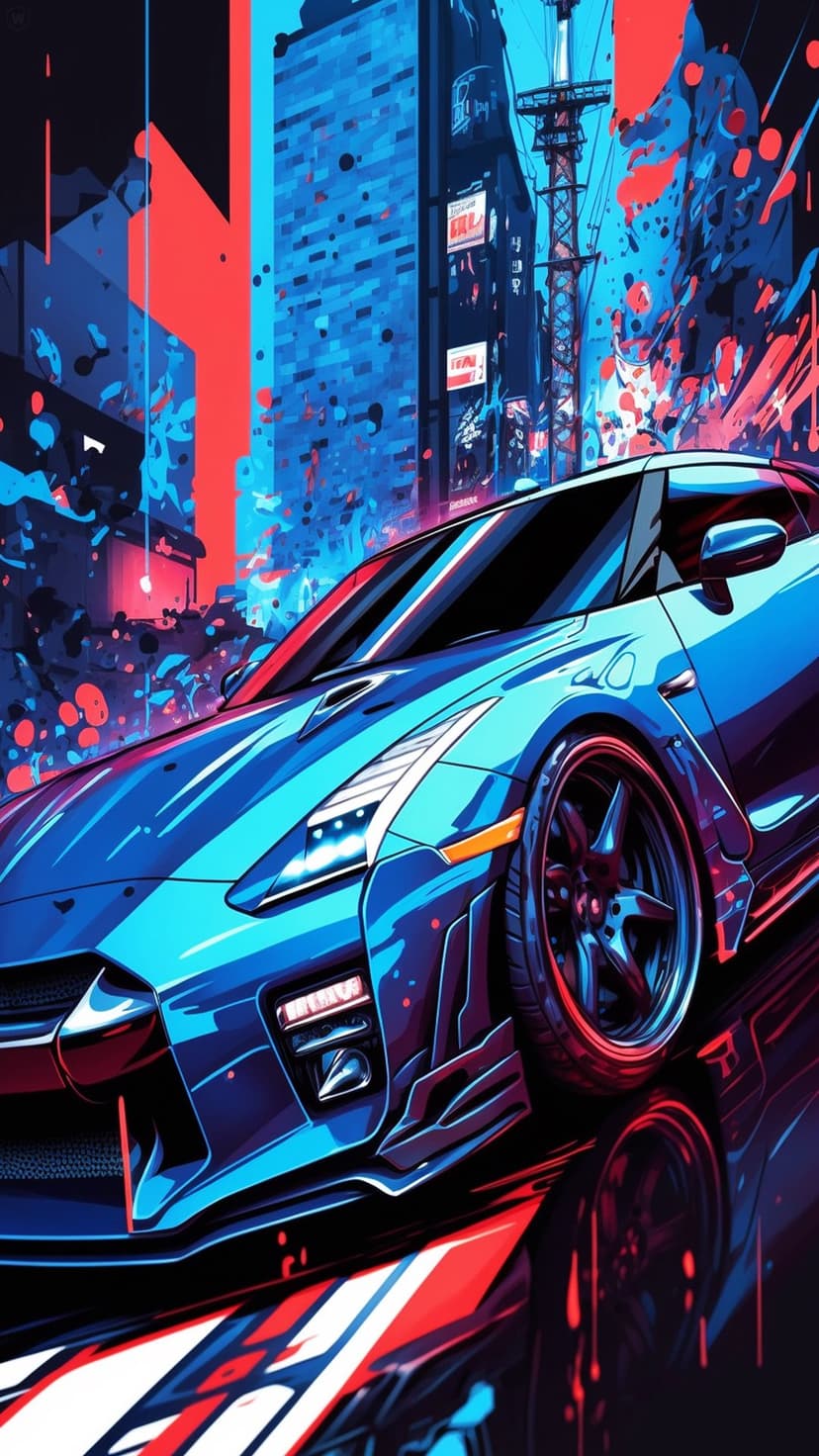 Electric blue sports car parked on a dark city street illuminated by glowing red and blue neon signs at night.