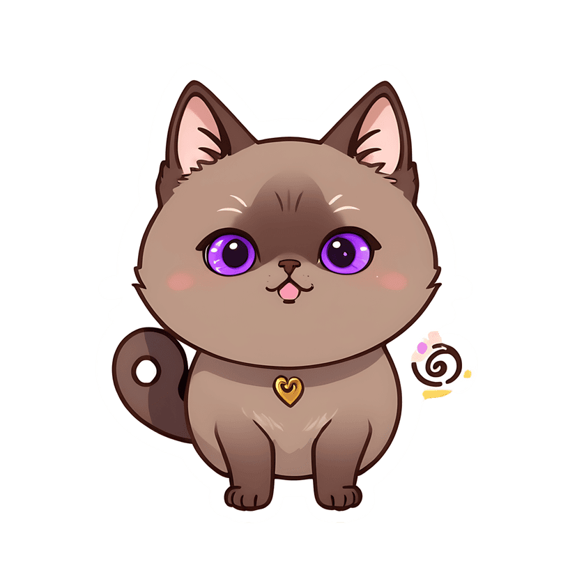 Brown kitten sticker with purple eyes sits beside a swirl treat while wearing a gold heart collar on white background.