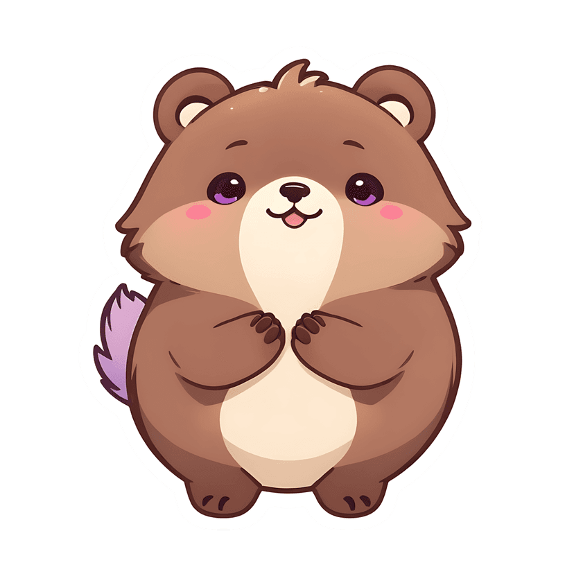 Brown bear sticker illustration with violet eyes and white border posed frontally against a black background.