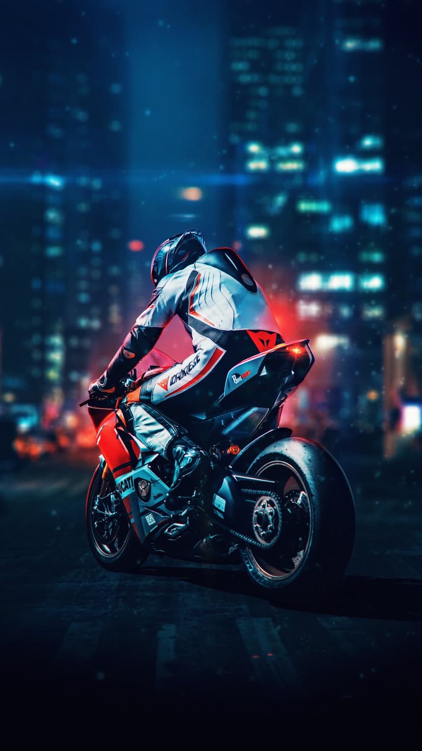 Motorcyclist on a red and white Ducati riding through a neon-lit futuristic city at night with bokeh lights.
