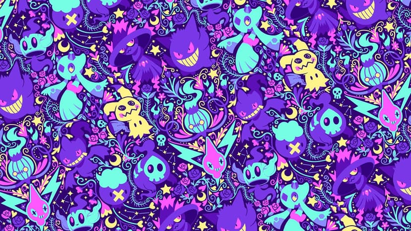 Repeating pattern of Gengar, Mimikyu, and other Ghost Pokémon with floral swirls in purple and teal tones.