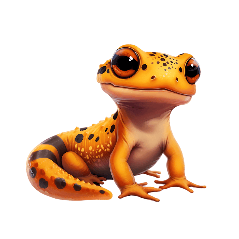 Orange frog character with large eyes and black spots sits against a solid black background in 3D style.