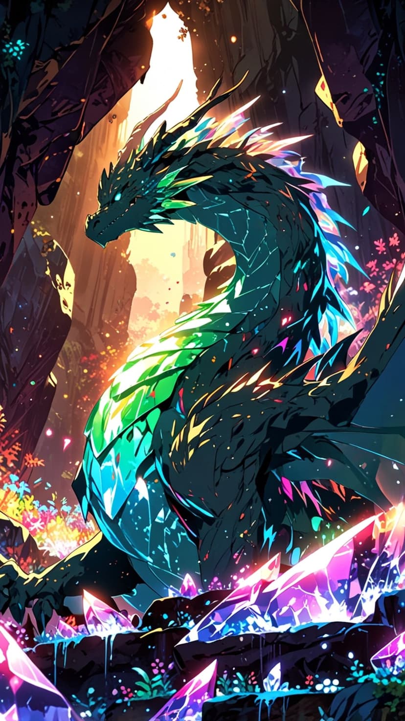 Prism-scaled dragon rests inside a dark grotto filled with glowing purple crystals and shafts of sunlight.