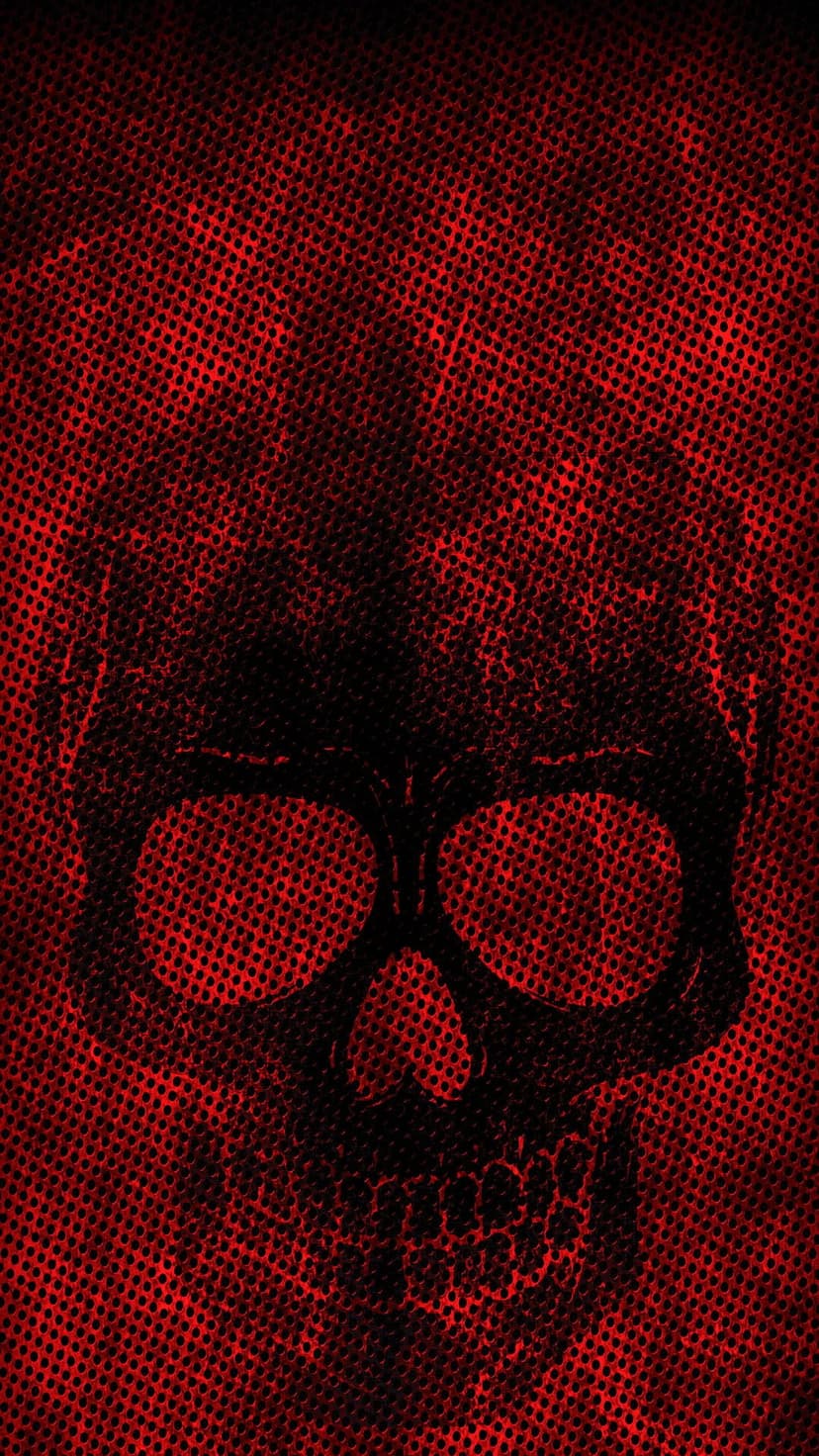 Weathered human skull centered on a deep red halftone dot background with distressed black textures throughout.
