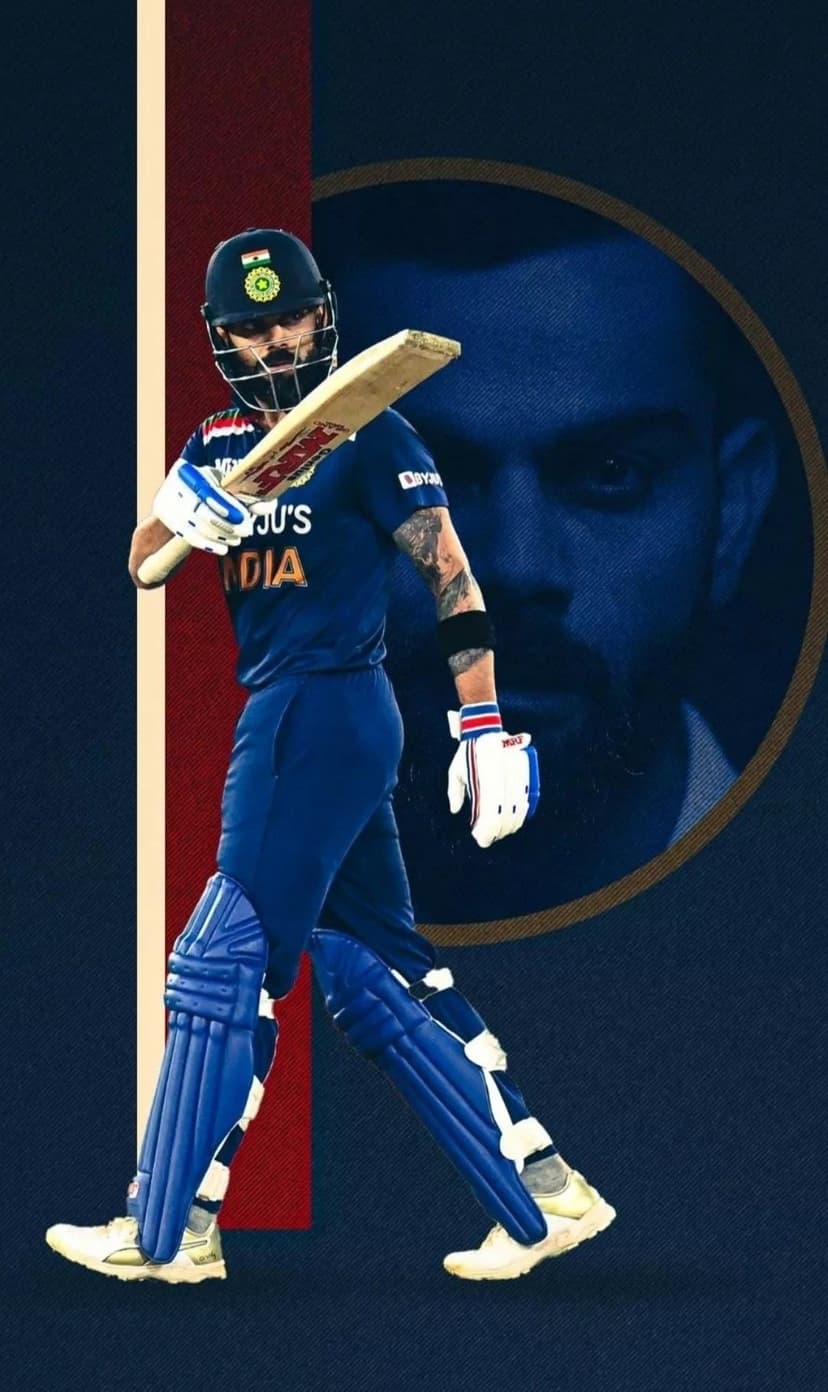 Virat Kohli wears a blue jersey and helmet while holding a cricket bat high against a red and navy blue backdrop.