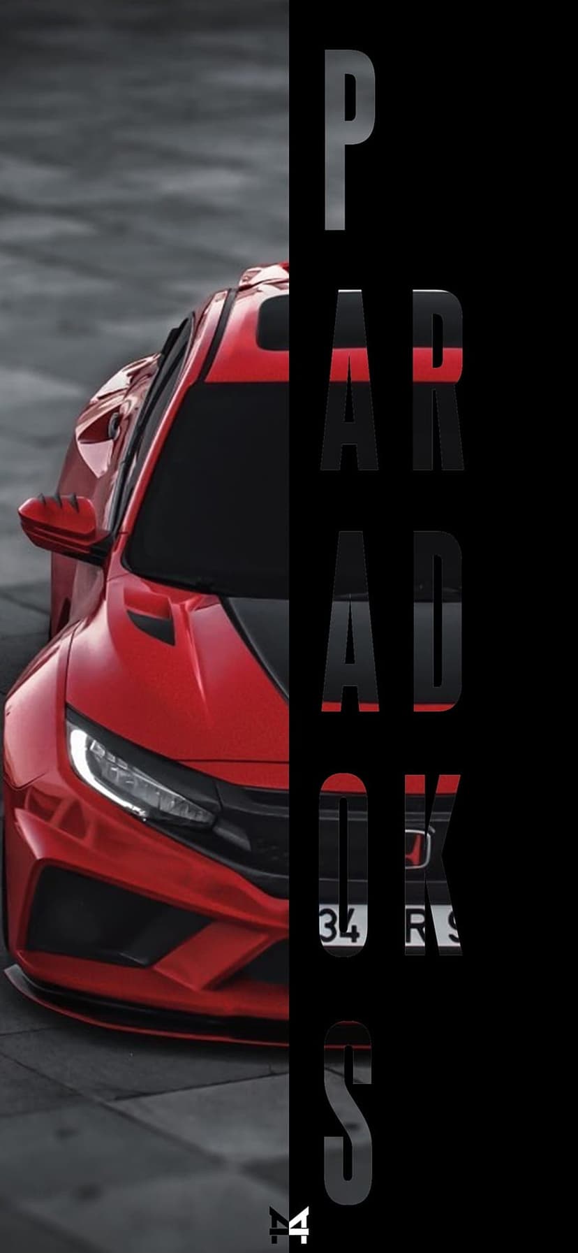 Red sports car front profile with 34 RS license plate beside vertical metallic Paradox text on a split background.