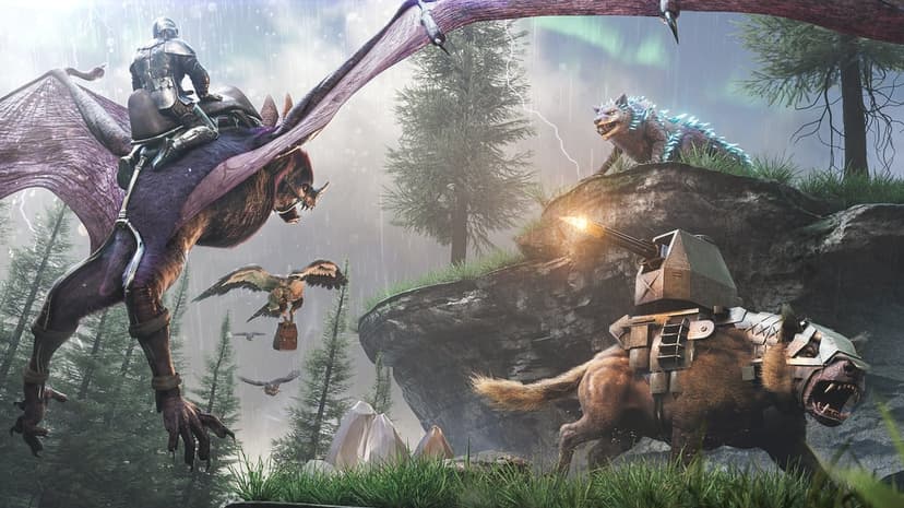 Knight on a giant bat flying over an armored wolf with a turret during a rainy forest storm.