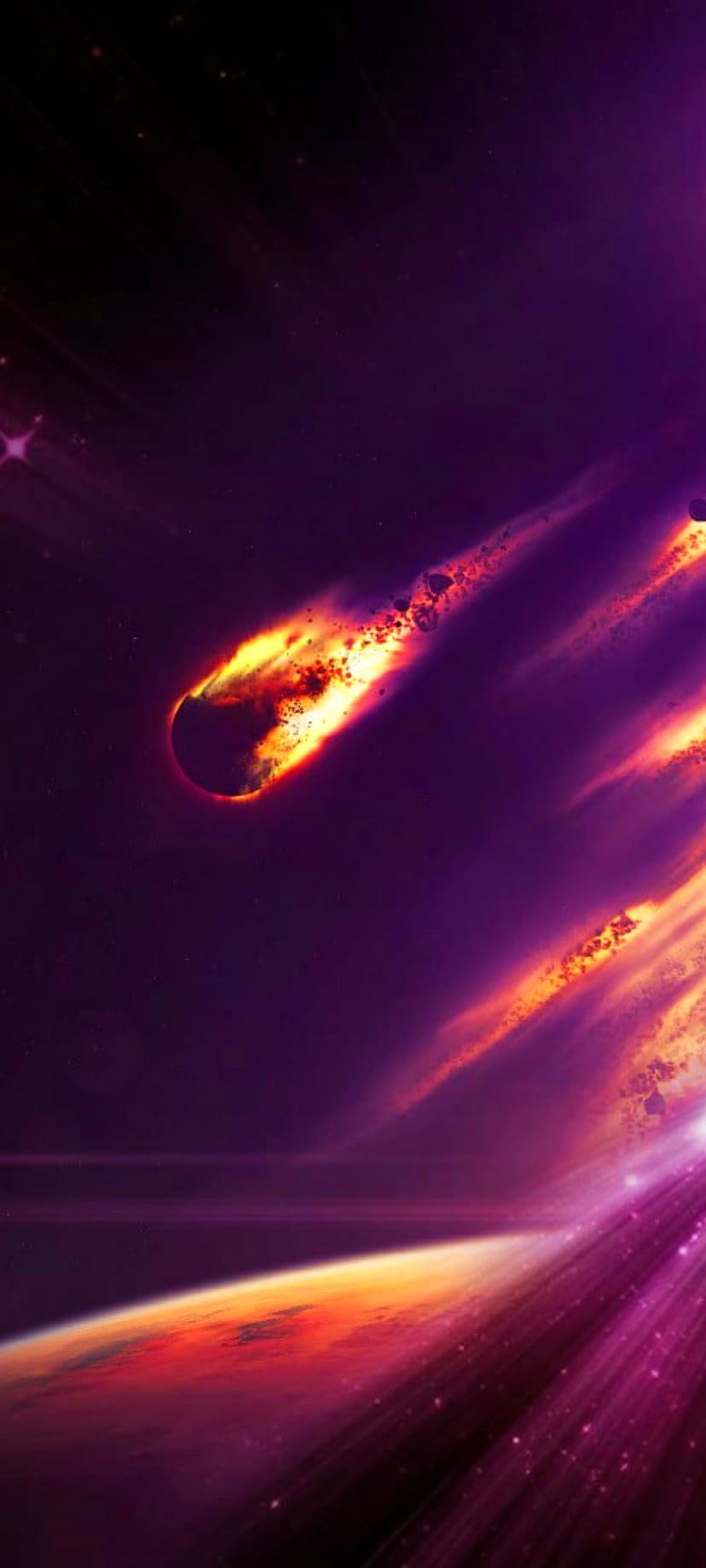 Fiery orange meteors leave burning trails across a vibrant purple nebula with glowing stars and light beams.