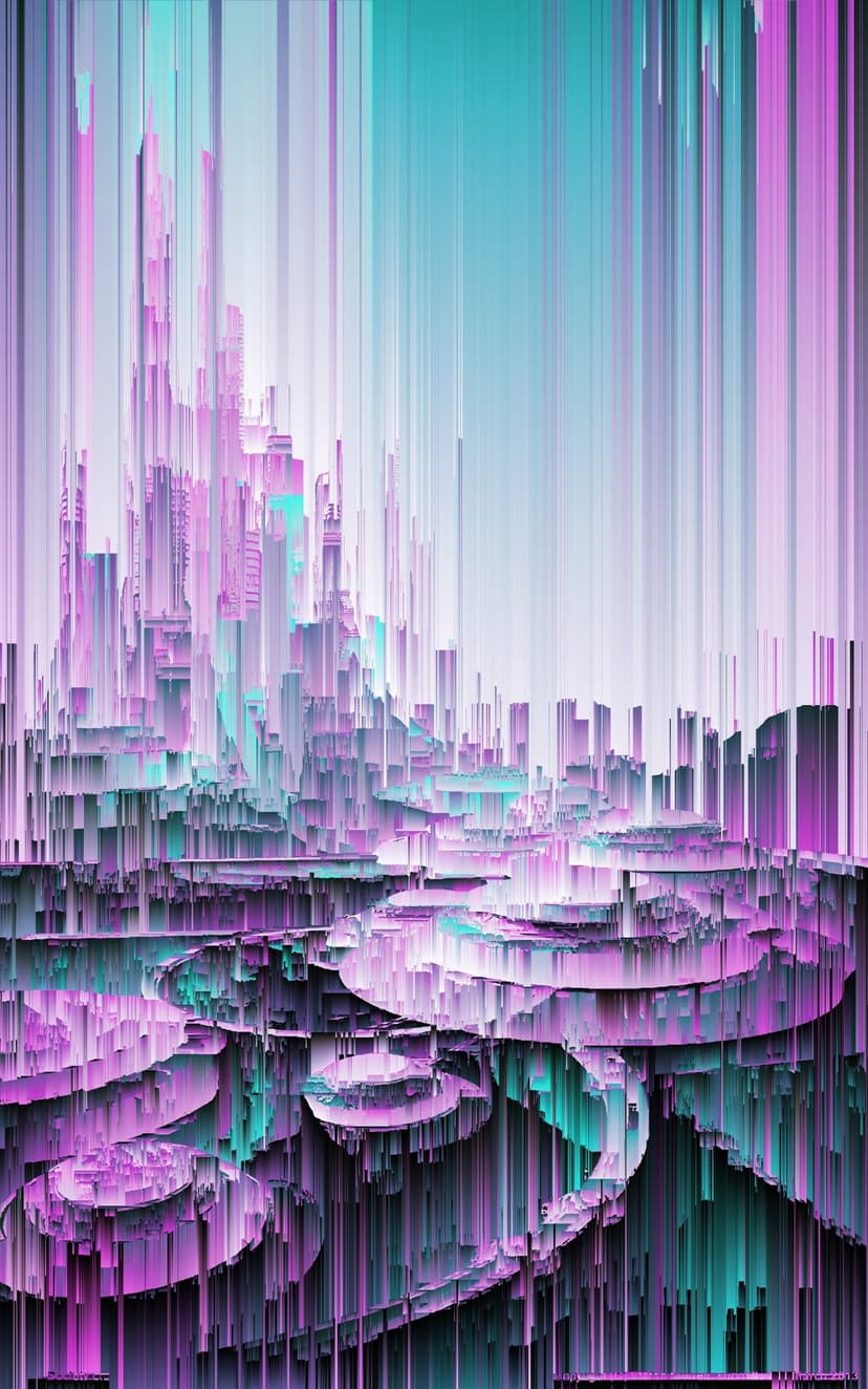 Teal and pink skyscrapers melt into vertical pixel sorted lines, creating a vibrant neon urban backdrop.