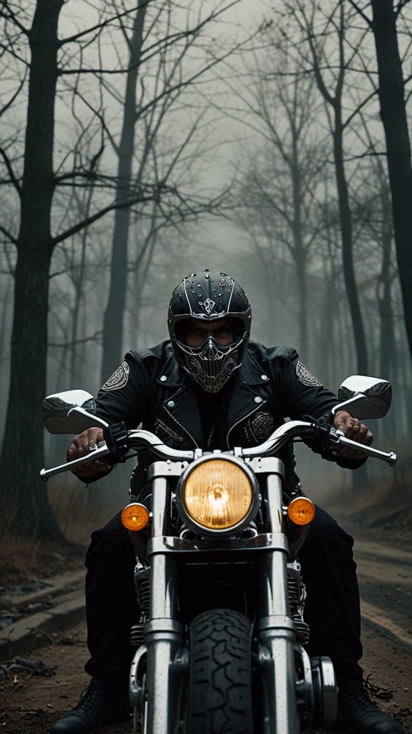 Biker in a skull mask and black helmet rides a chrome motorcycle on a dirt road through a foggy winter forest.