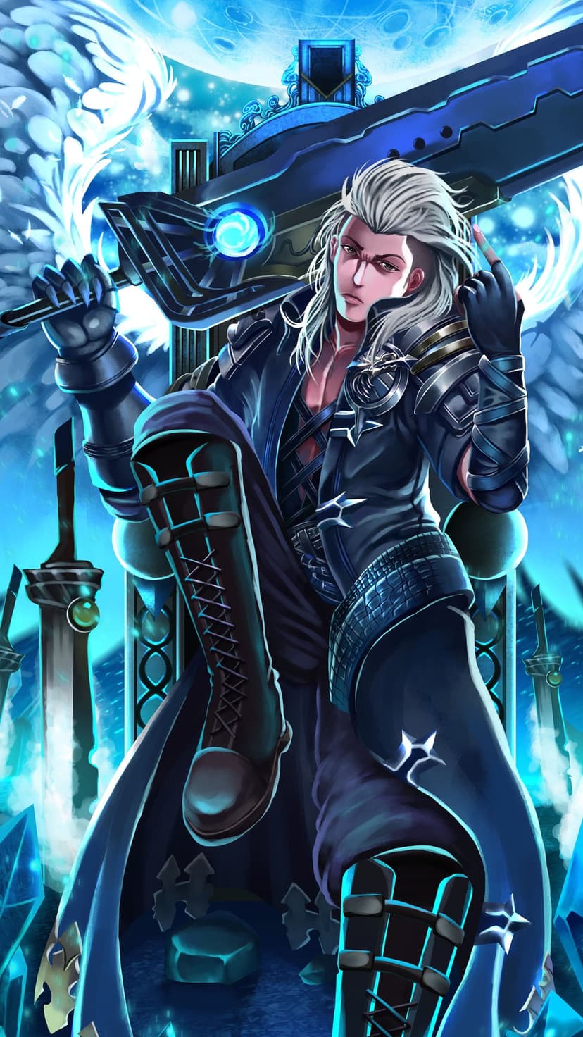 Angelic warrior with white hair sits on a throne holding a massive sword near glowing blue crystals.