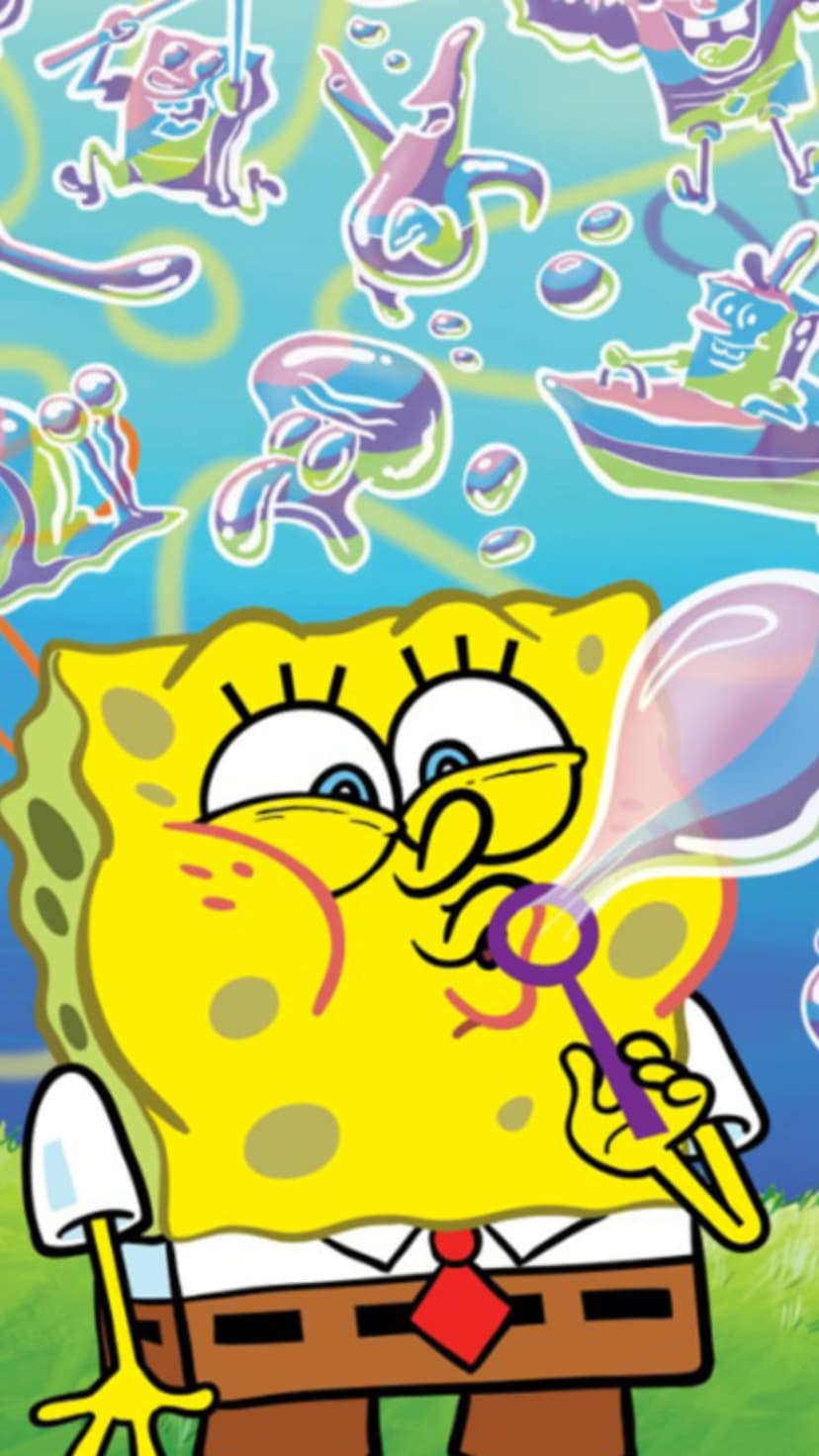 SpongeBob SquarePants blows a large bubble while stylized shapes of Patrick and Squidward float in the background.