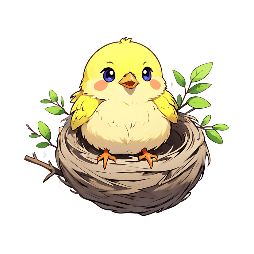 Yellow chick clipart inside a brown bird nest featuring green leaves, blue eyes, and soft fluffy feathers.