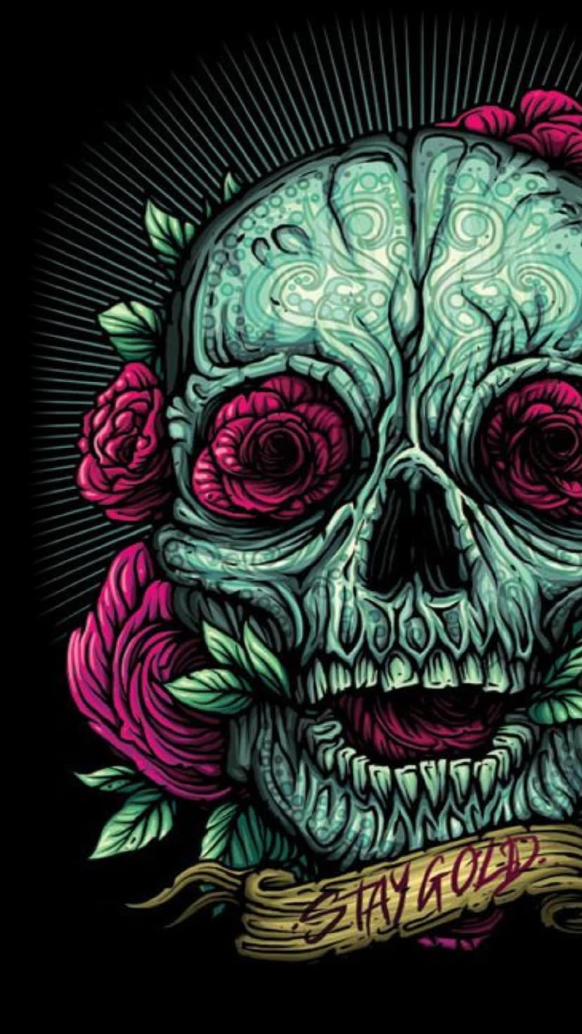 Etched human skull with a Stay Gold banner across the jaw, surrounded by pink roses and vibrant green leaves.