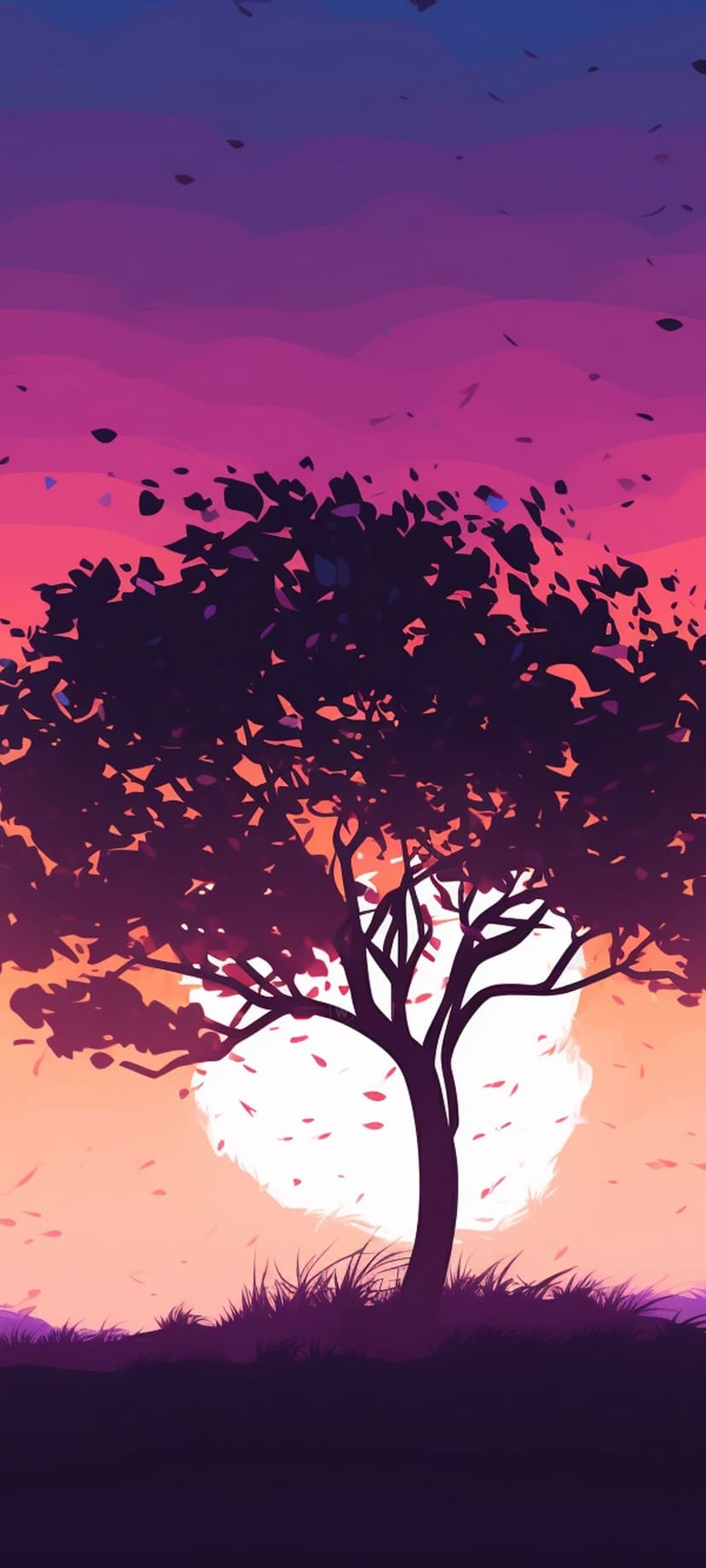 Silhouette of a leafless tree against a purple and orange gradient sky with small leaves falling in the breeze.
