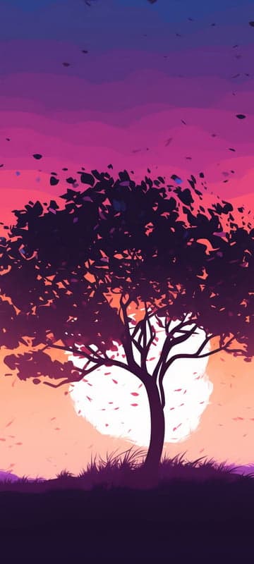 Minimalist sunset tree with falling leaves
