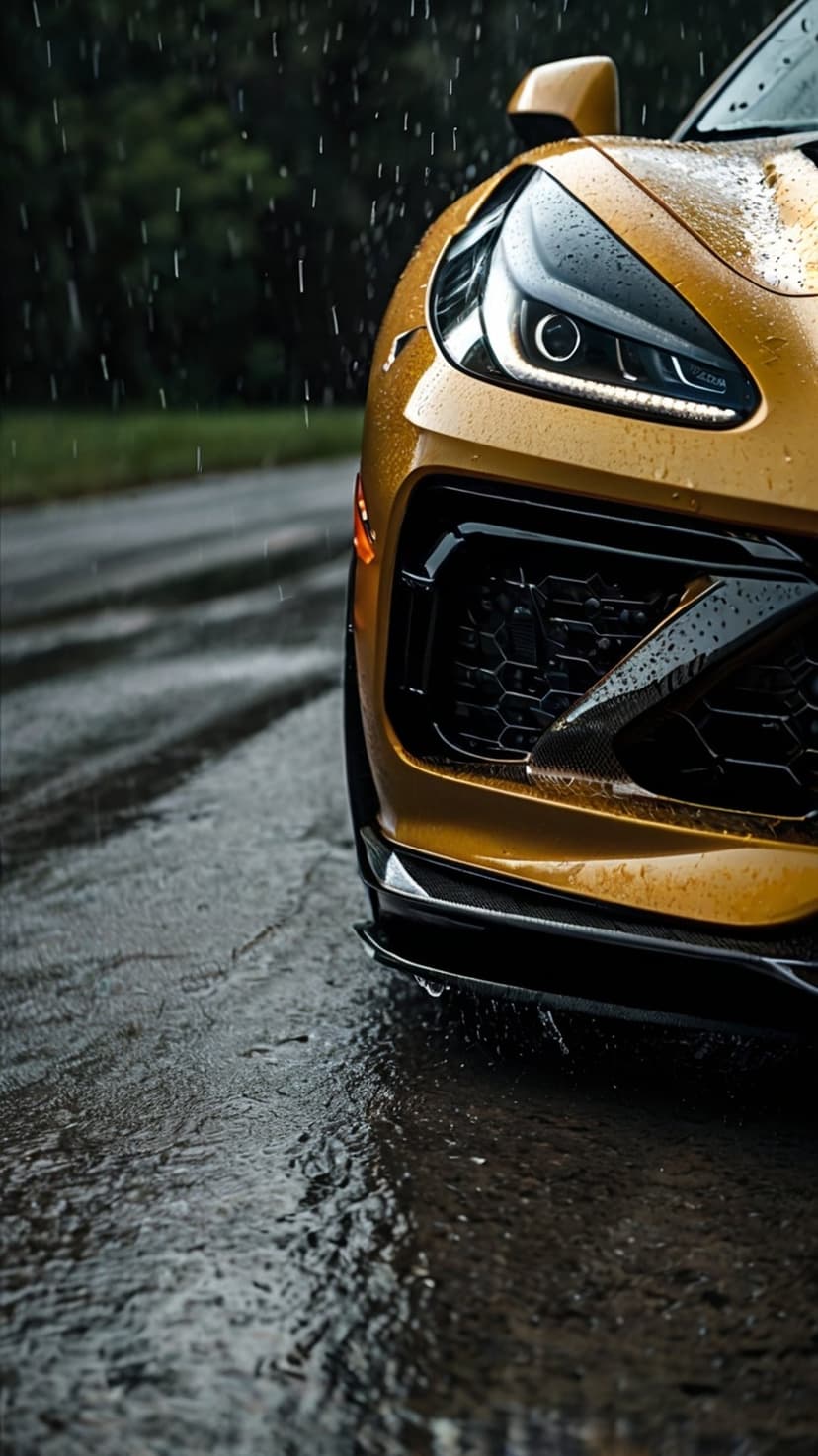 Golden sports car with glowing headlights on a wet asphalt road covered in raindrops during a rain shower.