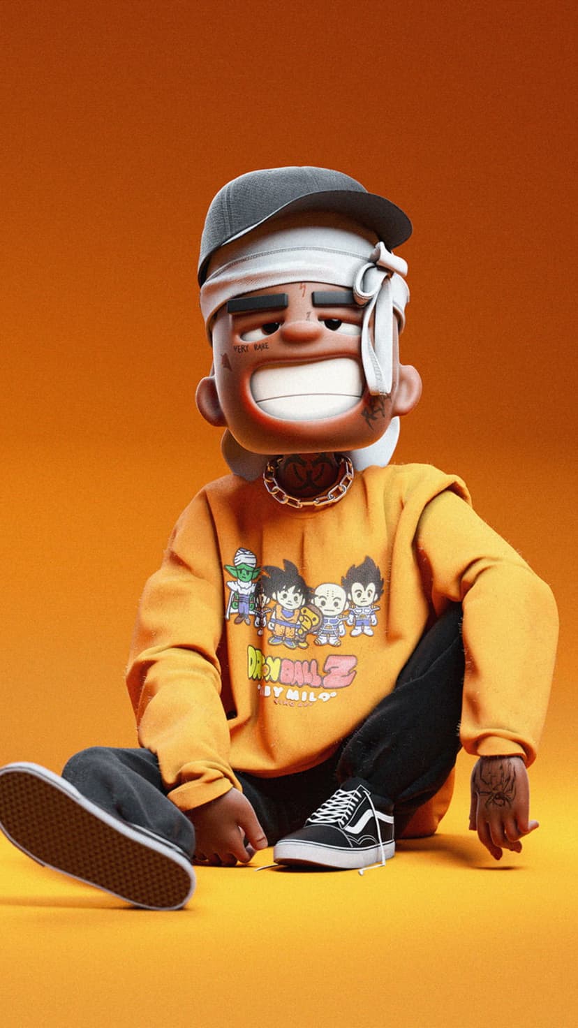 Urban 3D character wearing an orange Dragon Ball sweatshirt, gray cap, and gold chain against an orange backdrop.