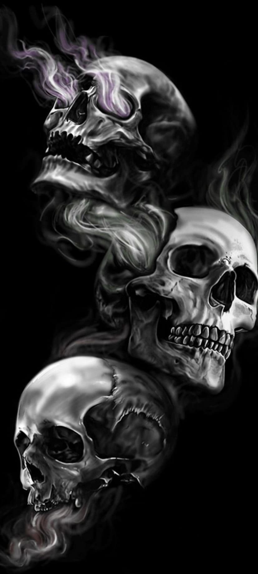 Three human skulls appear through swirling grey vapor with glowing purple light in the top cranium's eye sockets.