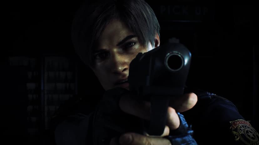 Leon Kennedy aims a handgun forward in a dark room with dramatic lighting and a visible police patch on his sleeve.