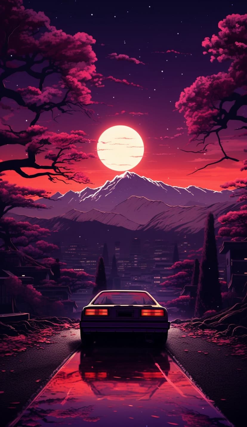 Retro car with glowing lights on a wet road reflecting a massive pink moon against silhouetted mountains.