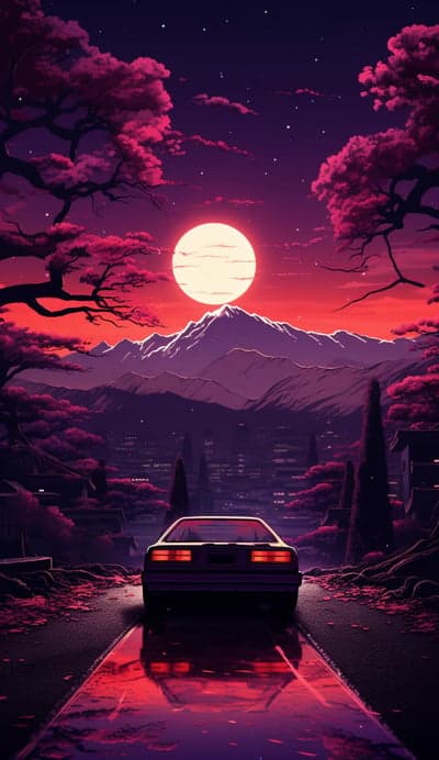 Retro Car Under Pink Moon