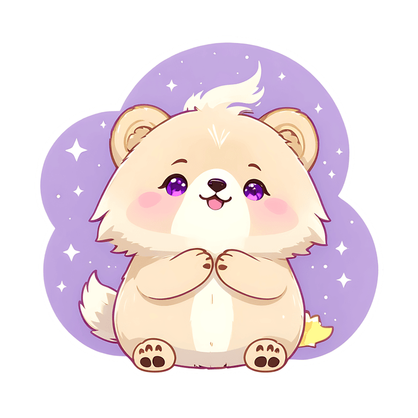Beige bear sticker with fluffy fur texture, purple eyes, and pink cheeks against a lavender star cloud.