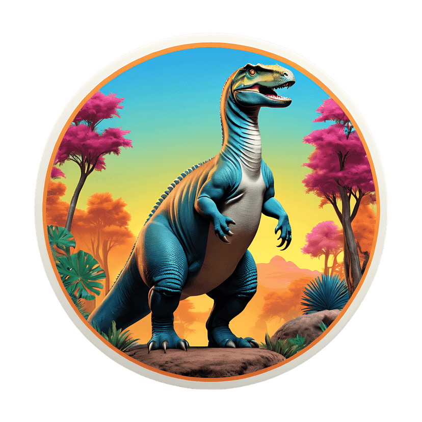 Blue bipedal dinosaur with textured scales stands on rocky terrain against a yellow and blue gradient sunset sky.