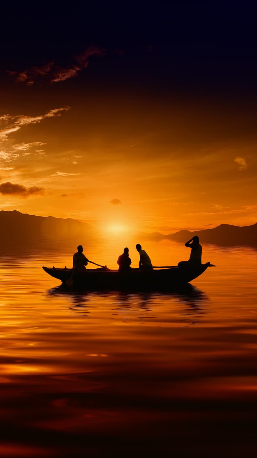 A small boat with people silhouettes on a calm lake under a fiery orange and purple sunset sky with mountains.