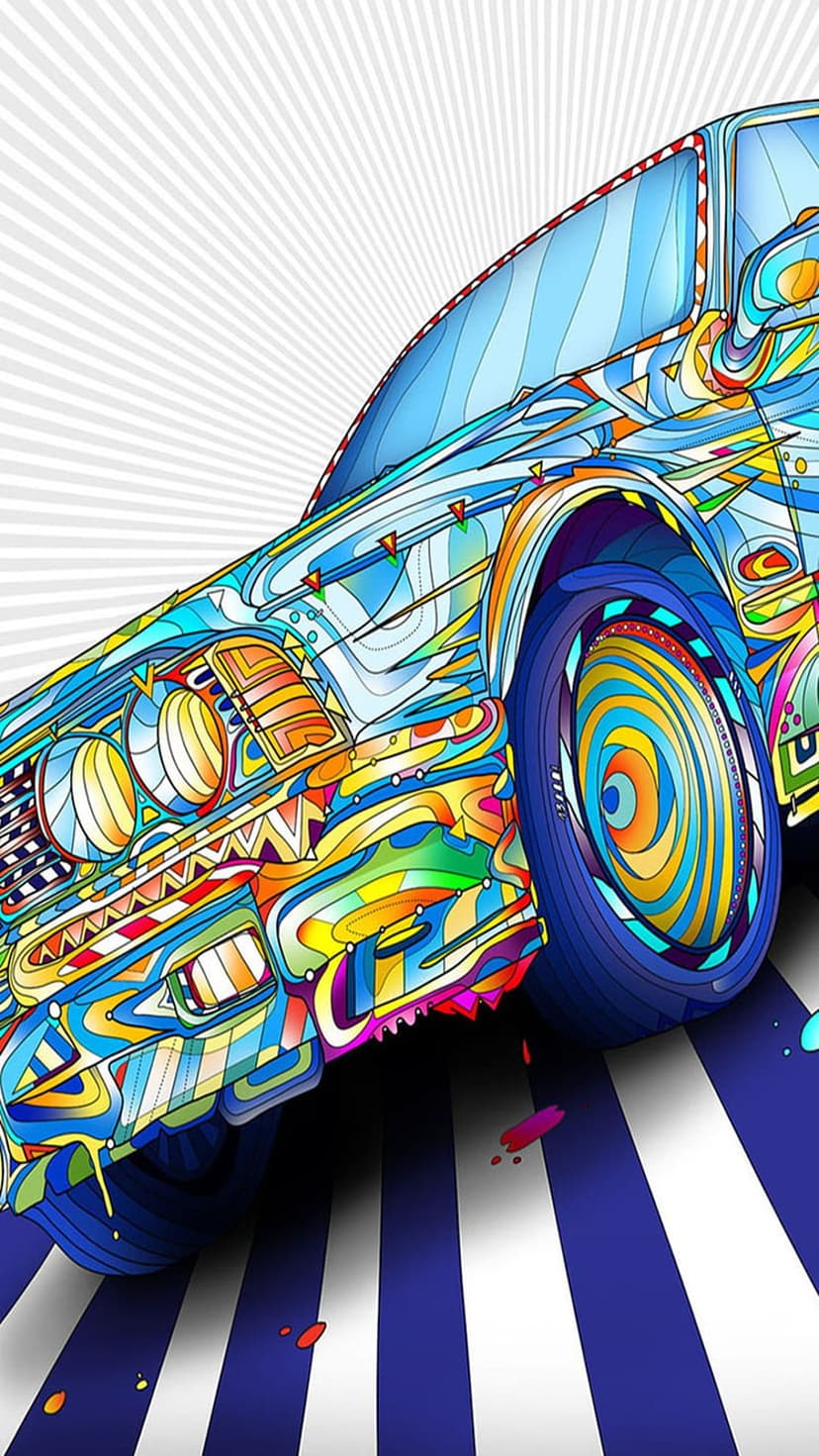 Stylized car silhouette surrounded by swirling psychedelic patterns, radial stripes, and vibrant paint splashes.