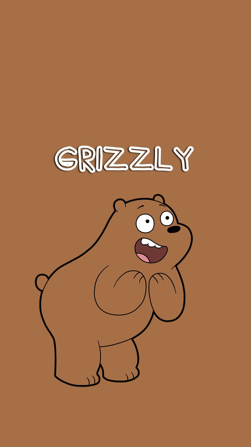 Brown grizzly bear with a wide smile and expressive eyes sits below white stylized text on a solid brown backdrop.