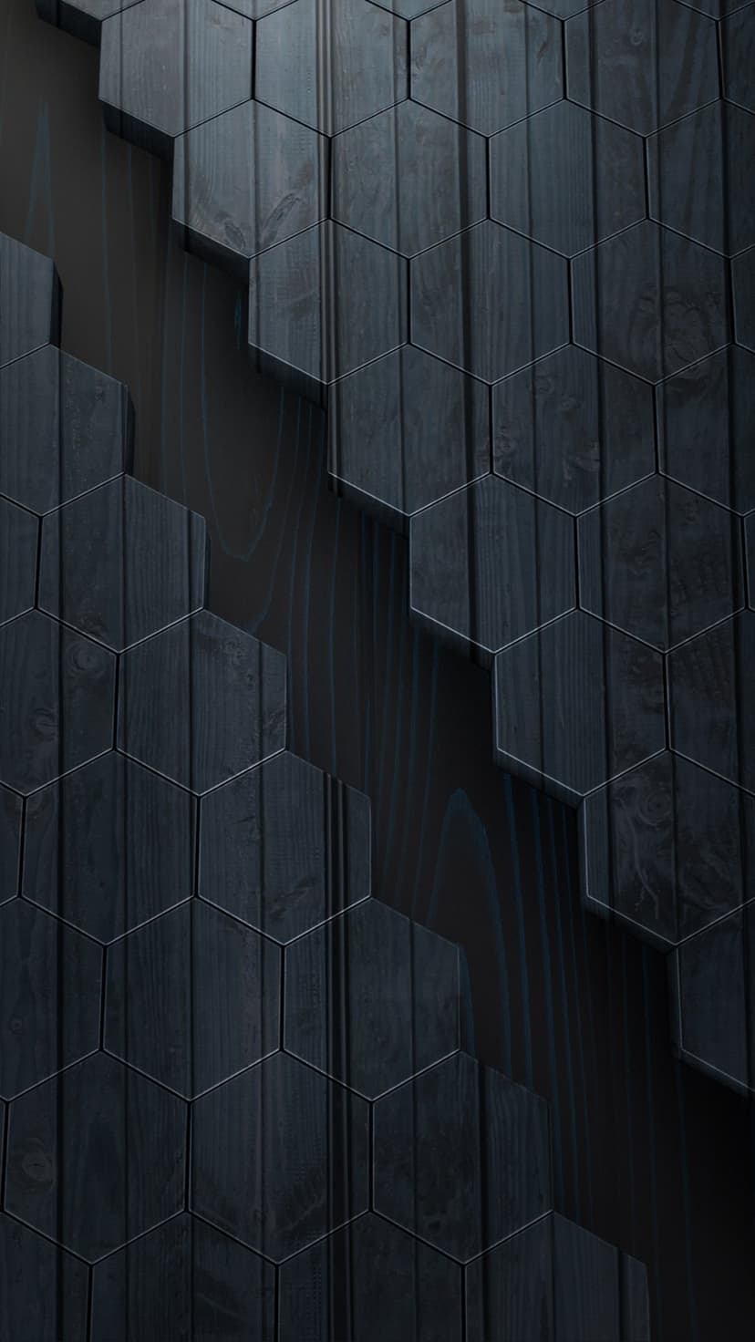 Deep charcoal hexagonal wood panels showing natural grain textures and soft shadows in a staggered pattern.