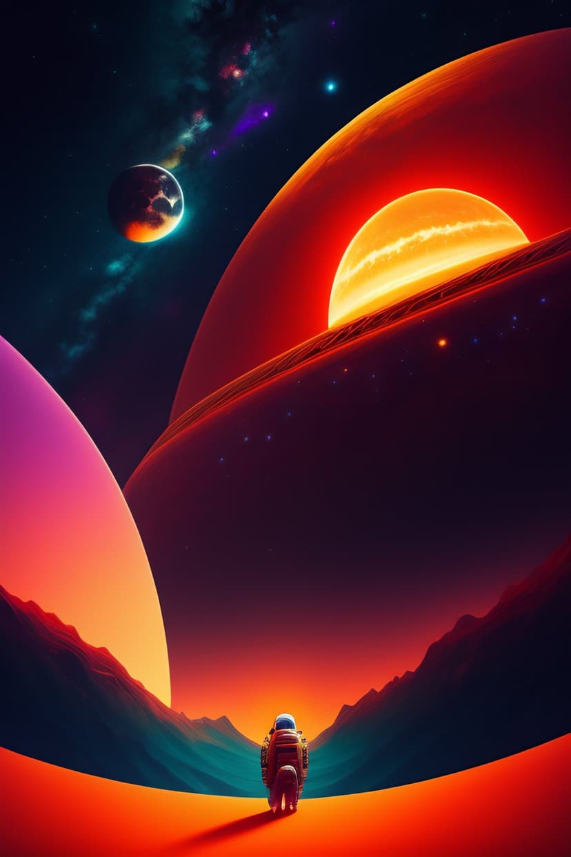 Astronaut stands on a red mountain peak facing a giant ringed planet and a glowing sunrise in deep space.