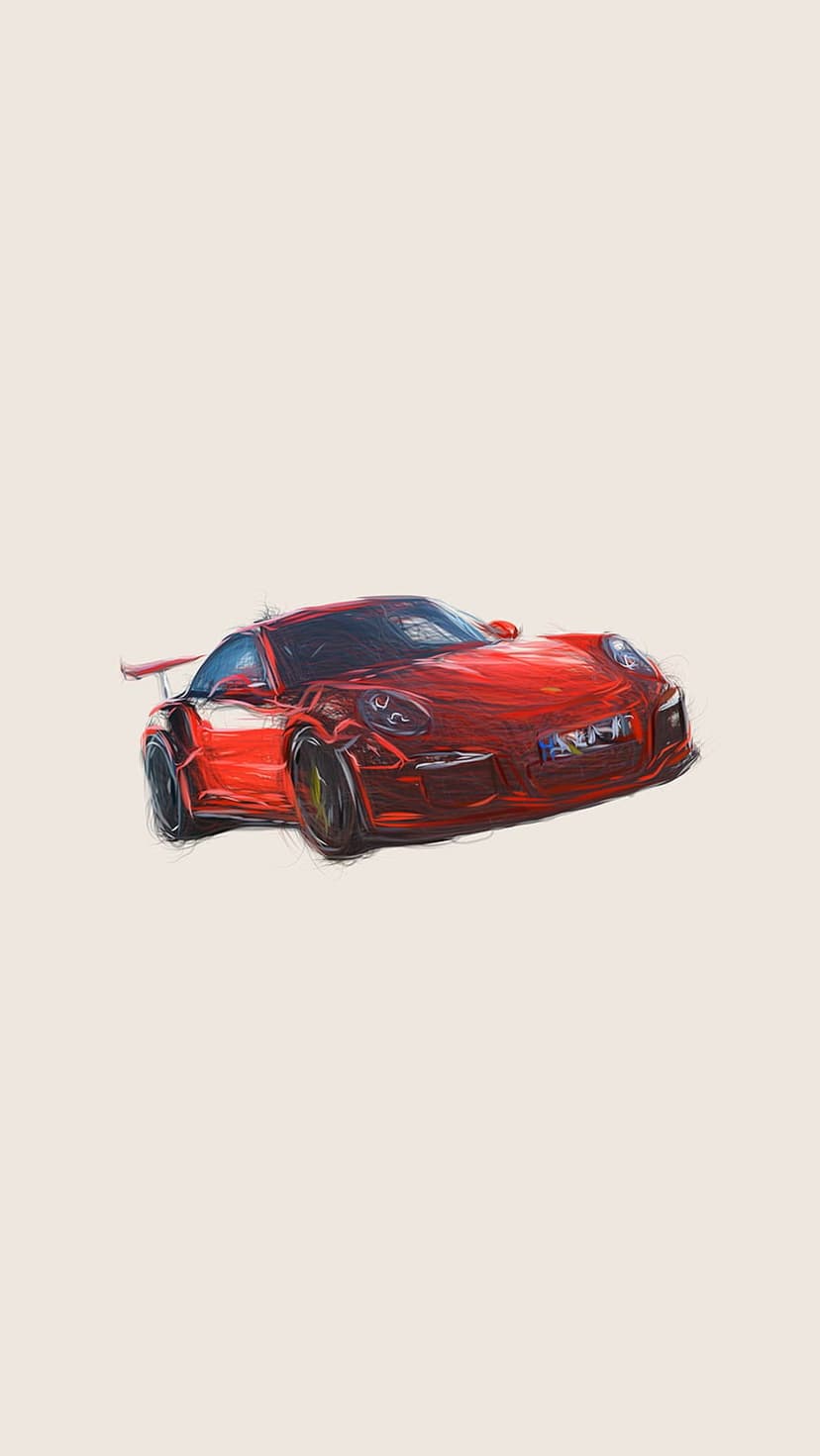 Red Porsche 911 GT3 RS sketch with a large rear wing and aggressive side profile on a clean white background.