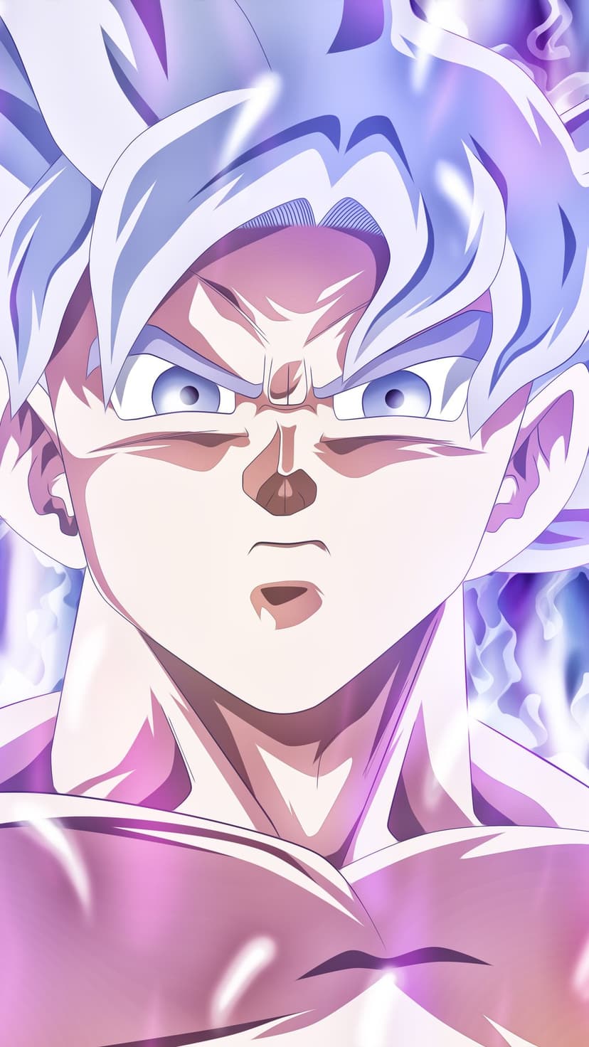 Goku stares forward with silver hair and grey eyes while surrounded by a glowing pink and purple energy field.