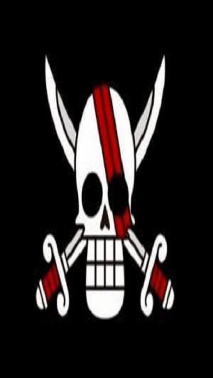 Scarred pirate skull with three red vertical marks and crossed sabers over a dark weathered flag background.