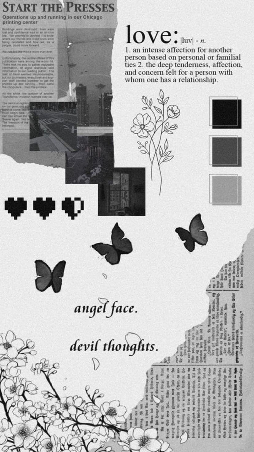 Butterfly and floral newspaper collage with pixel hearts and a definition of love in a grayscale aesthetic.