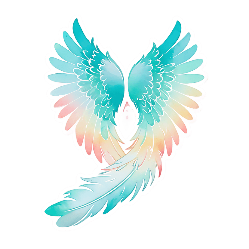 Pastel rainbow angel wings sticker with watercolor feathers white outlines and a purple crystal center gem.