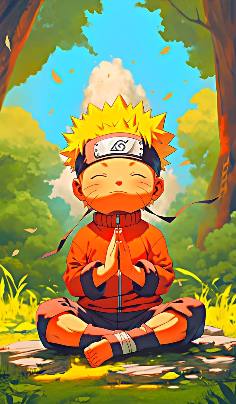 Naruto Uzumaki sits cross-legged with closed eyes and folded hands in a bright, flower-filled woodland clearing.