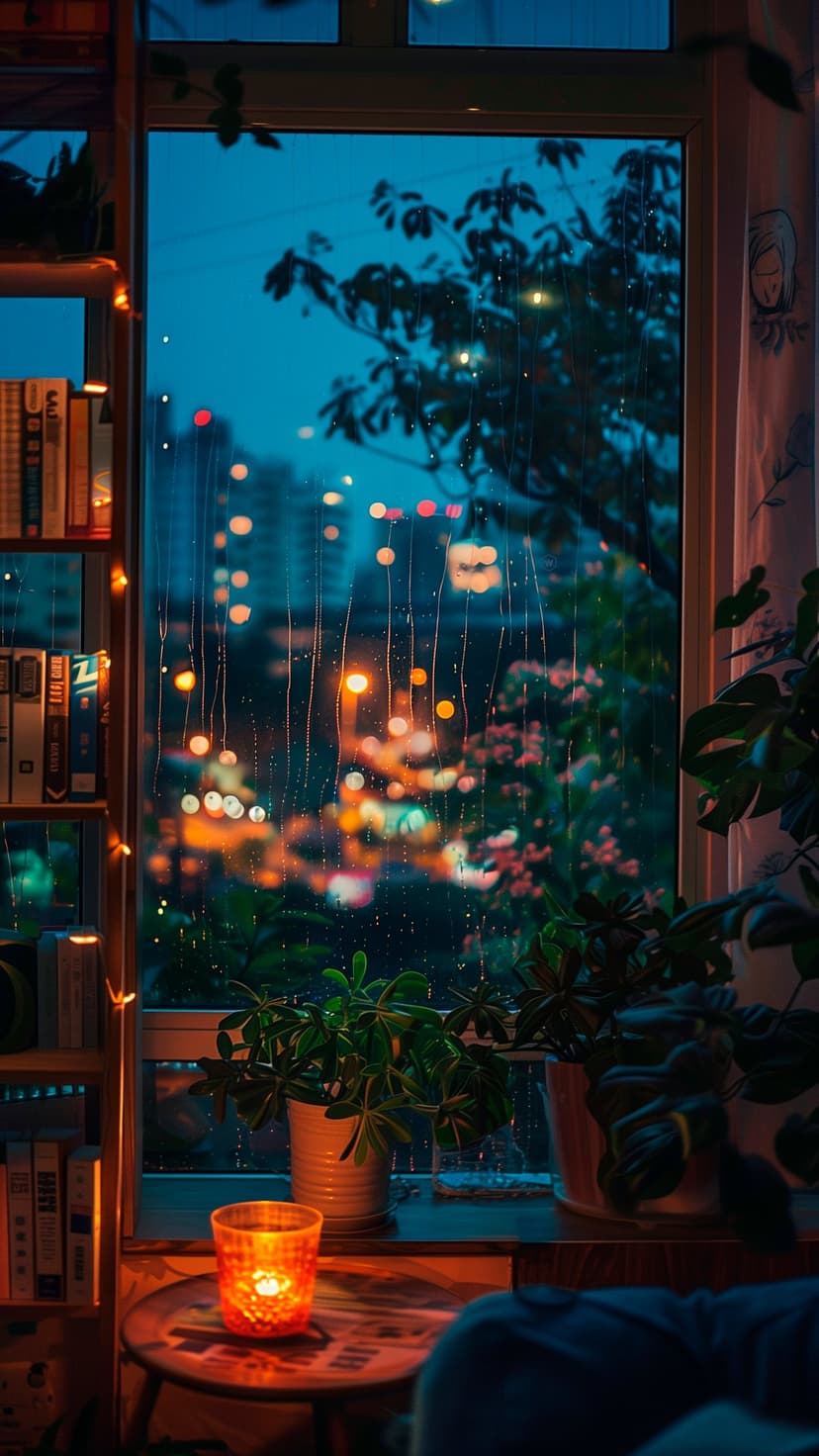 Rain-flecked window glass reflects city lights beside a glowing candle, green plant, and lit library bookshelf.