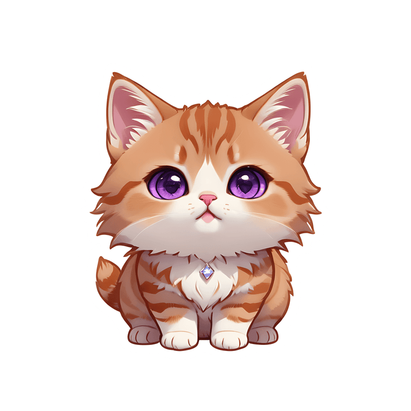 Ginger orange kitten illustration sits front-facing with glossy purple eyes, blue gemstone pendant, fluffy fur texture.
