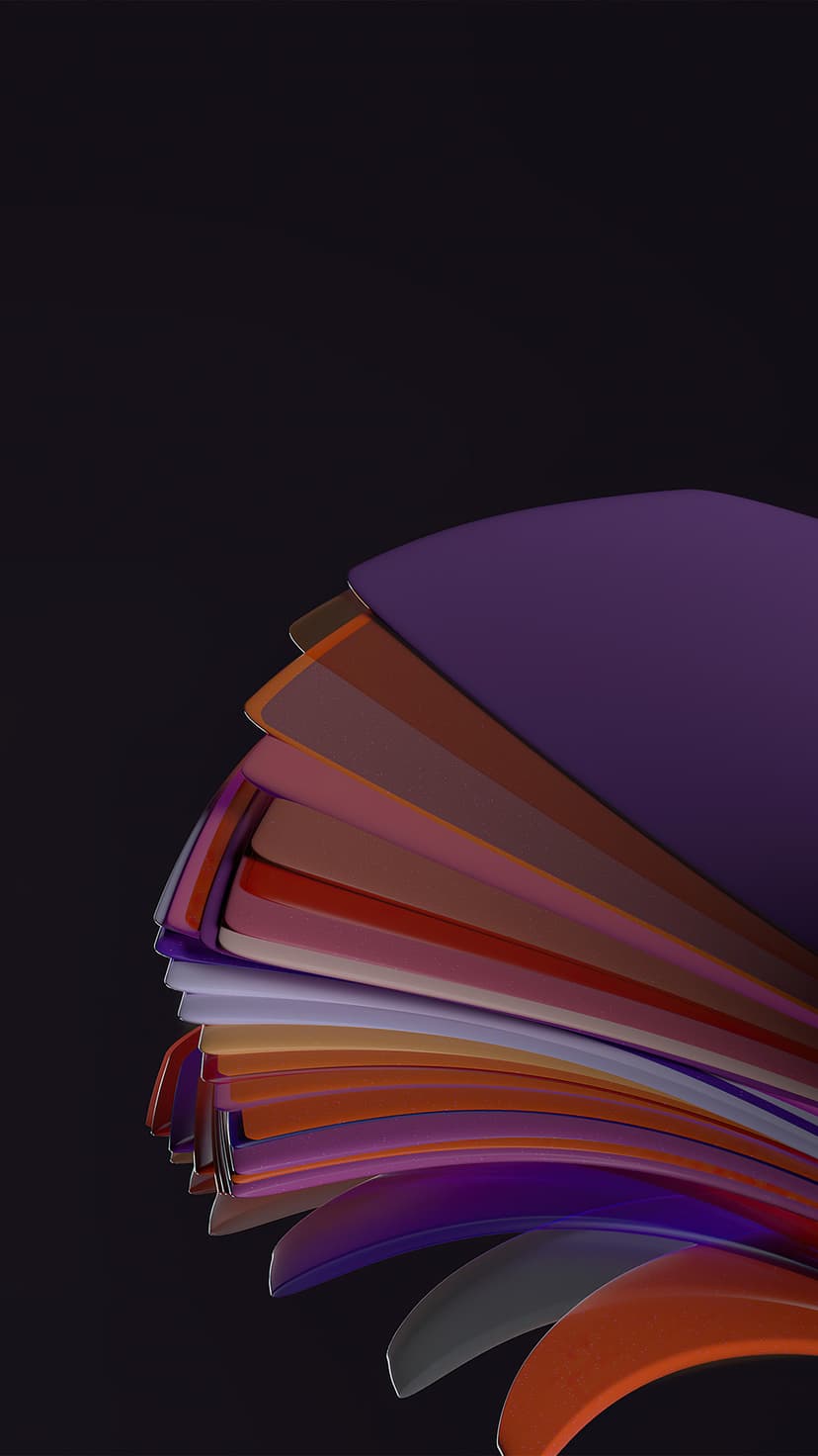 Overlapping purple and orange curved layers fan out against a black background with soft lighting and depth.