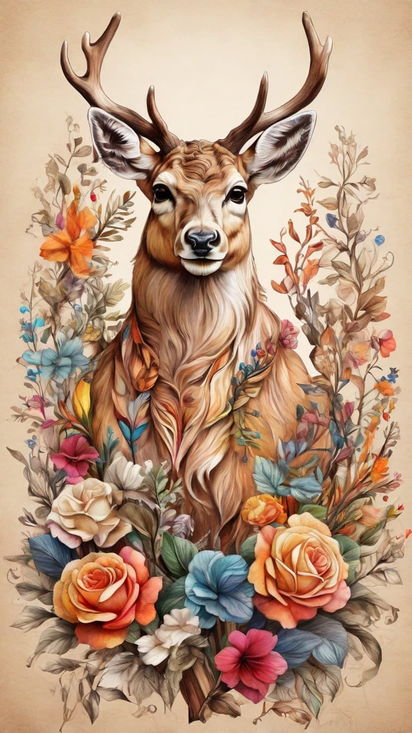 Majestic deer with large antlers stands within a dense bouquet of pink roses and sage green leaves.