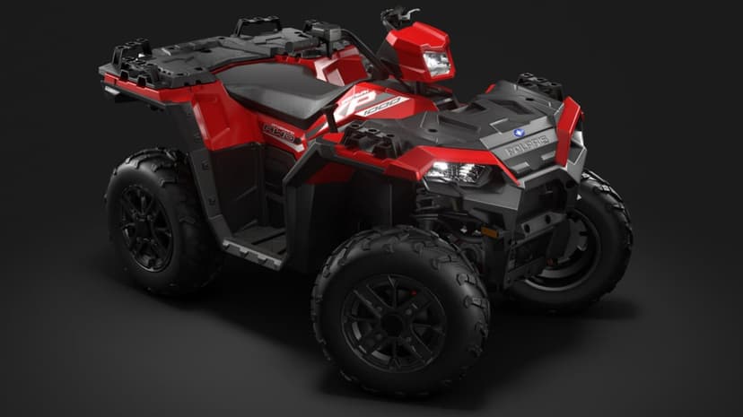 Red Polaris Sportsman XP 1000 ATV on a dark background with rugged tires and illuminated dual LED headlights.